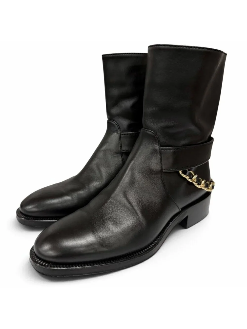 Chanel CC Logo Chain Decoration Side Zip Leather Short Boots Black Gold